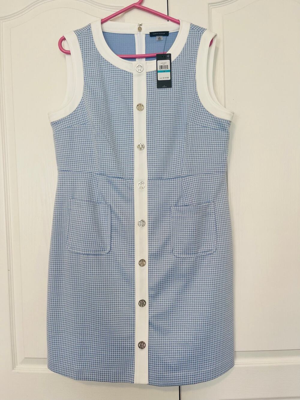 Tommy Hilfiger Mini Houndstooth Light Blue Knit Dress with Logo Buttons Sz 16